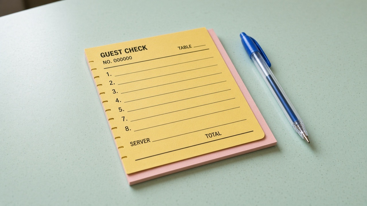 A yellow and pink diner guest check pad on a mint counter